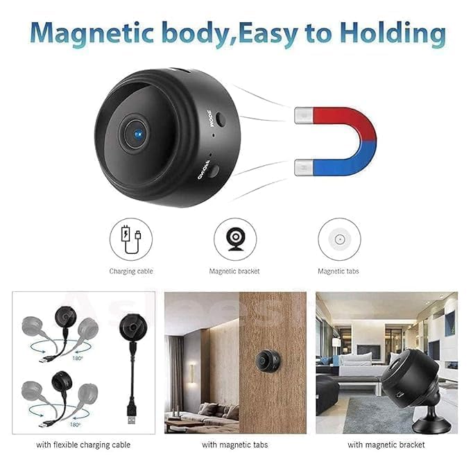 Mini Wireless WiFi Security Camera | HD 1080p Indoor Video Recorder with Low Light Vision | Portable & Magnetic | Home and Office Monitor -(Black)