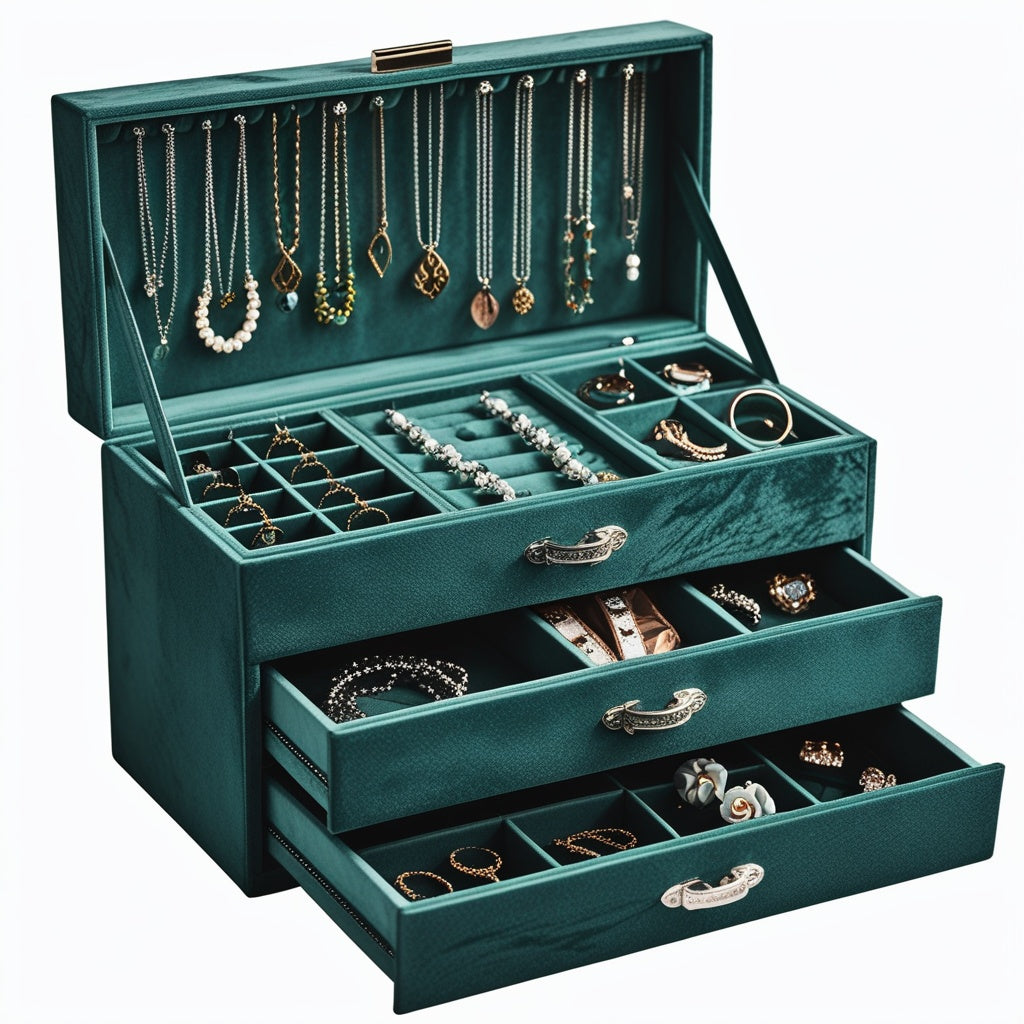 Velvet 3-Layer Jewellery Organizer Box with Lock – Green