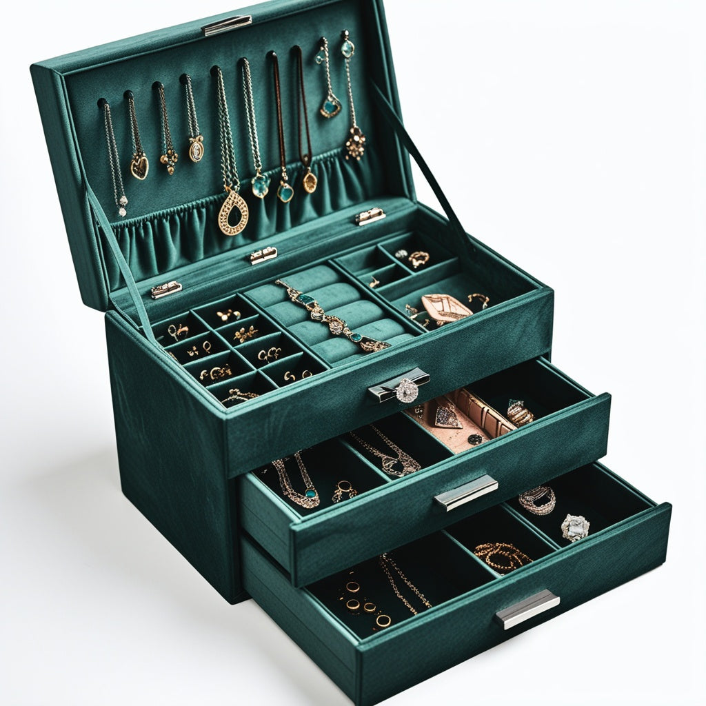 Velvet 3-Layer Jewellery Organizer Box with Lock – Green