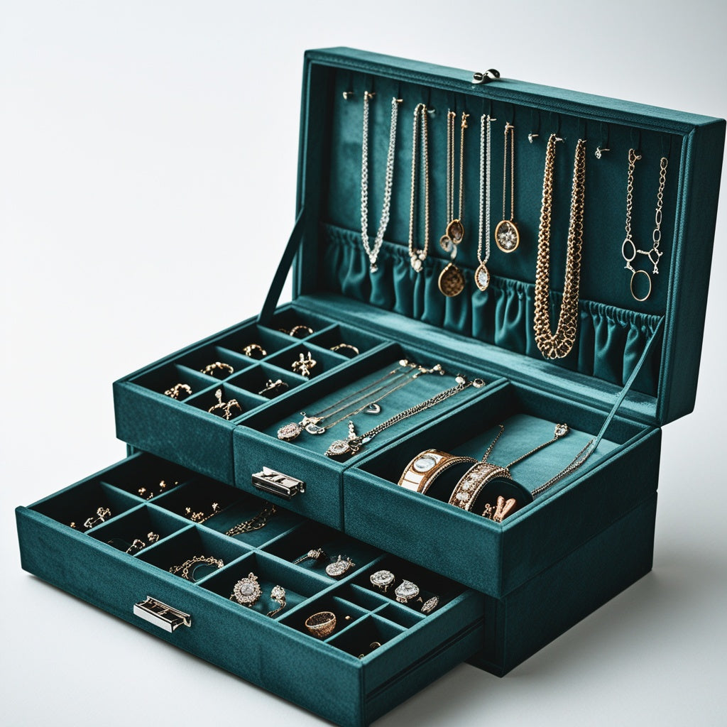 Velvet 3-Layer Jewellery Organizer Box with Lock – Green