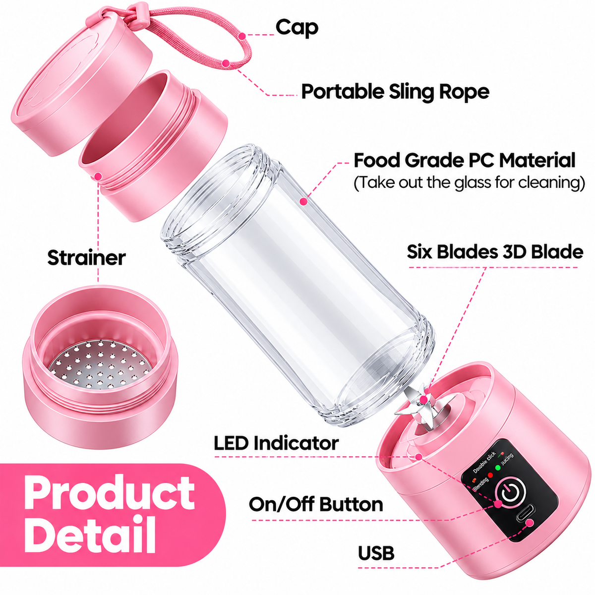 Portable USB Electric Juicer – 6-Blade Blender & Shaker