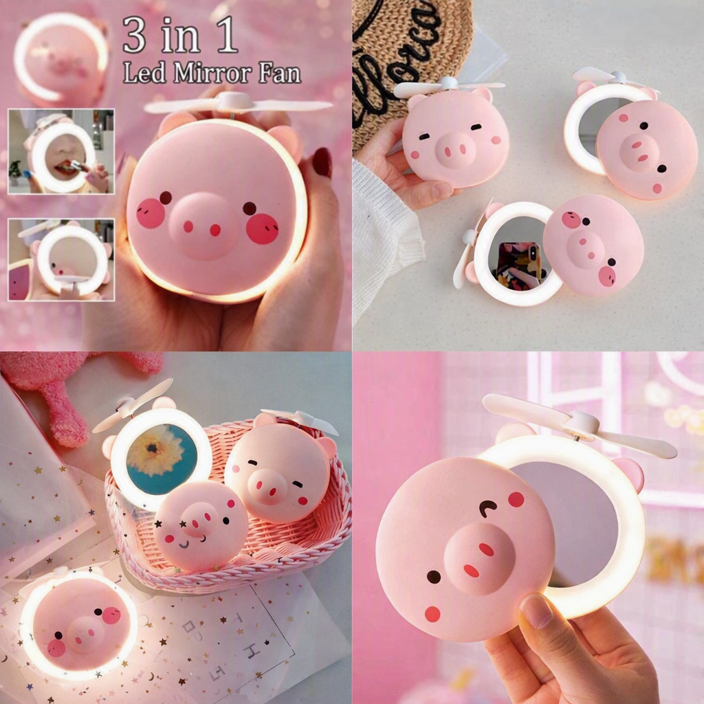 Piggy Mirror Fan – USB Rechargeable Mini Fan with Makeup Mirror