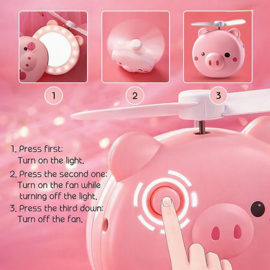 Piggy Mirror Fan – USB Rechargeable Mini Fan with Makeup Mirror