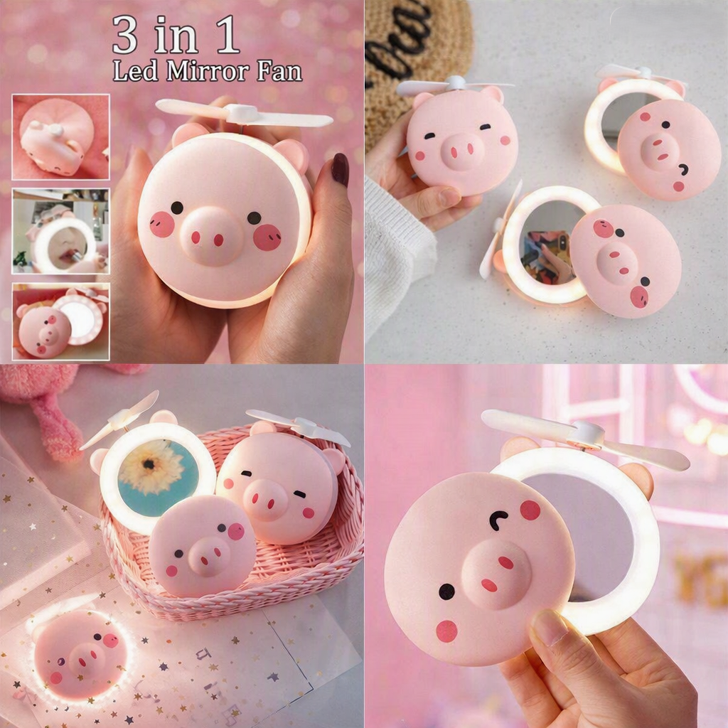 Piggy Mirror Fan – USB Rechargeable Mini Fan with Makeup Mirror
