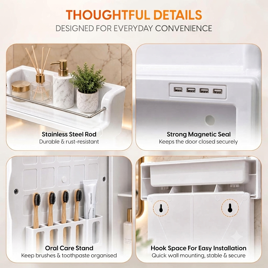 Premium Look Wall Mounted Bathroom Mirror Cabinet with Storage Organizer Waterproof
