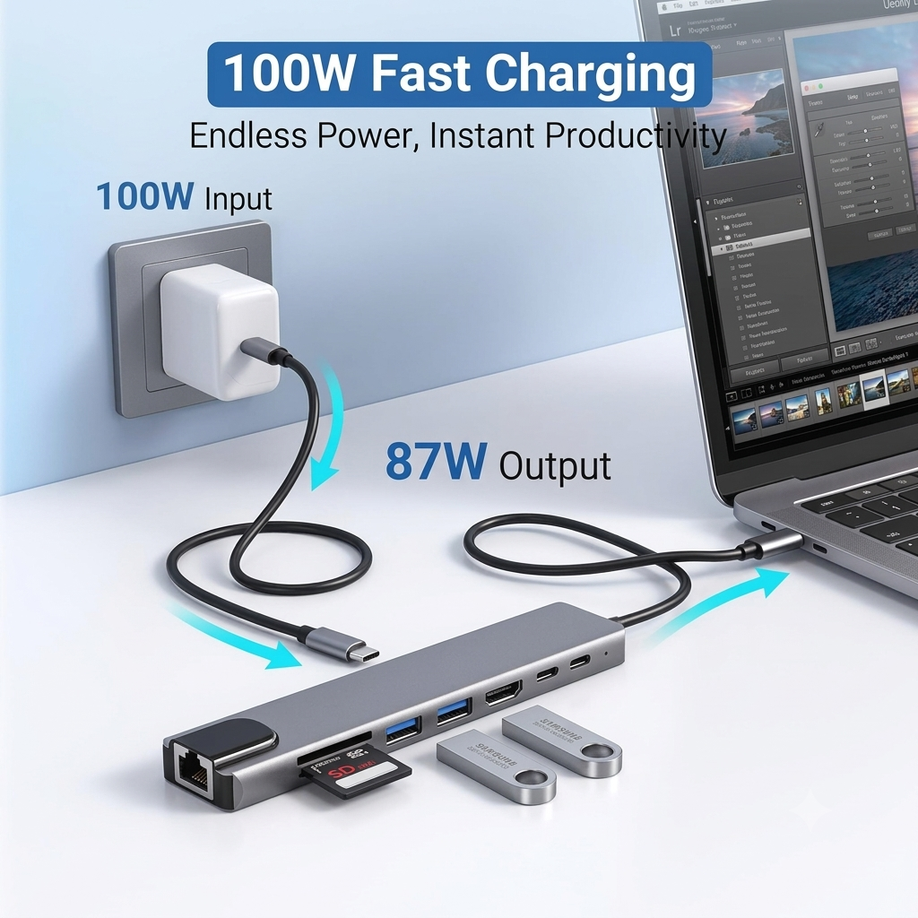 8-in-1 USB-C Hub with 100M Ethernet, 4K HDMI & Card Reader