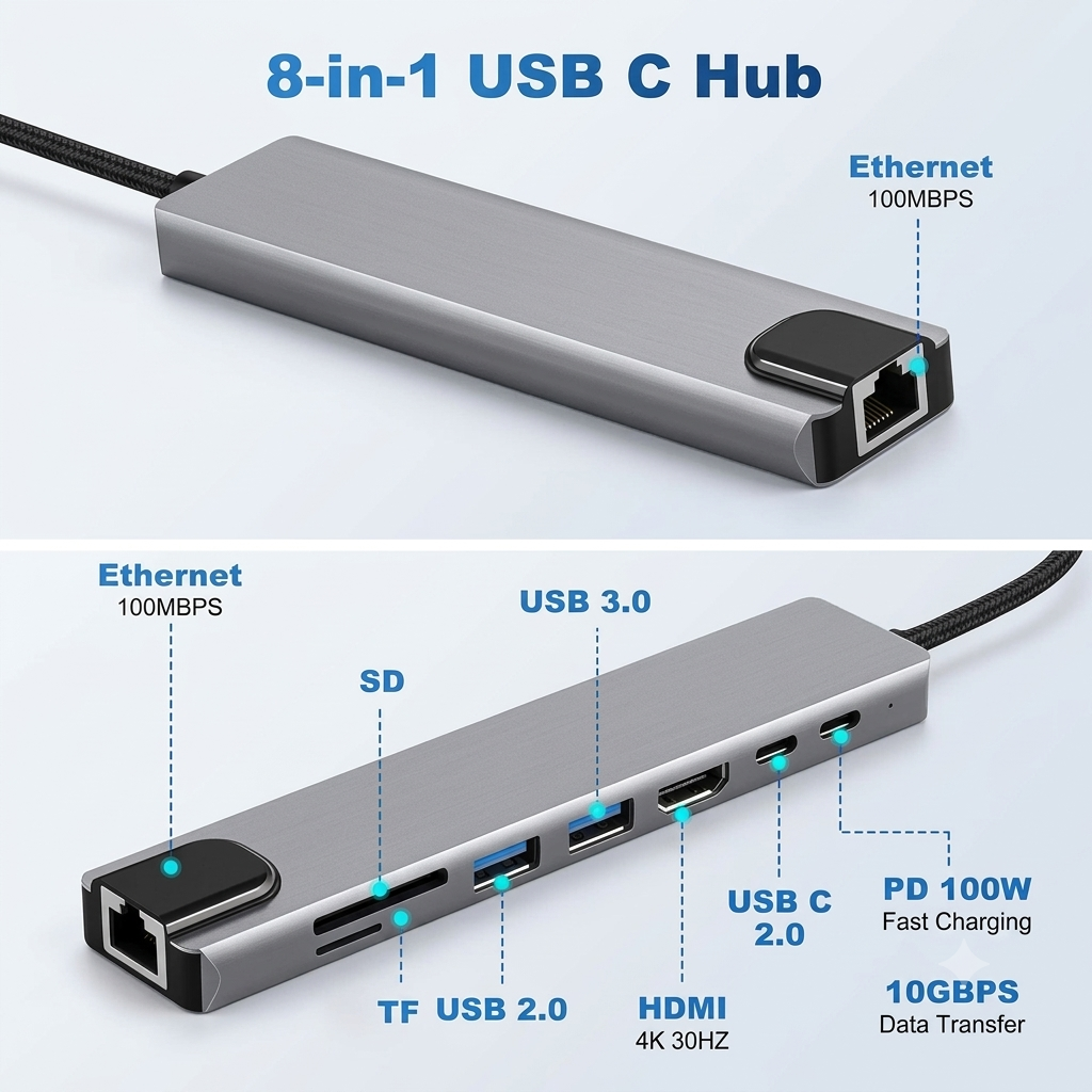 8-in-1 USB-C Hub with 100M Ethernet, 4K HDMI & Card Reader