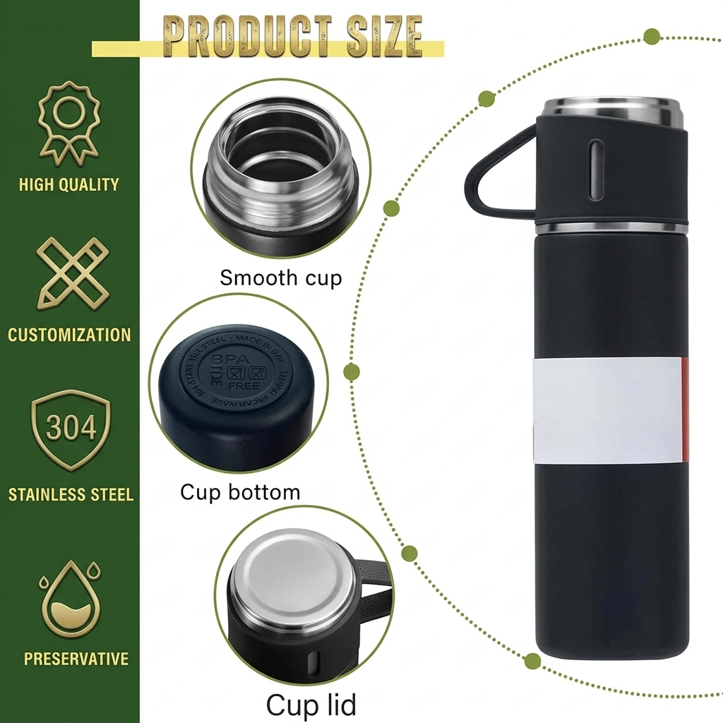 Stainless Steel Insulated Flask with Cups (Multi-colour)