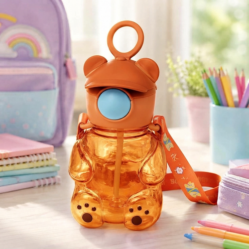 Cute Teddy Bear Water Bottle with Straw & Shoulder Strap