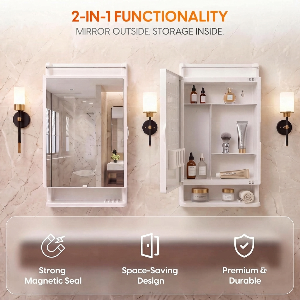 Premium Look Wall Mounted Bathroom Mirror Cabinet with Storage Organizer Waterproof