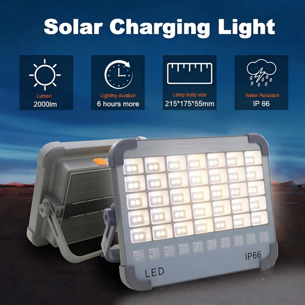 Solar LED Work Light – Portable Rechargeable Flood Light, IP66 Waterproof & USB Charging