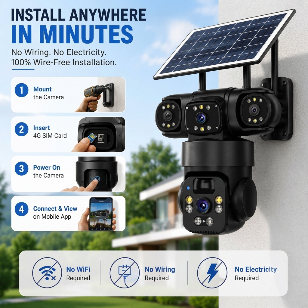 Solar Powered 4G SIM Outdoor Security Camera – Triple Lens