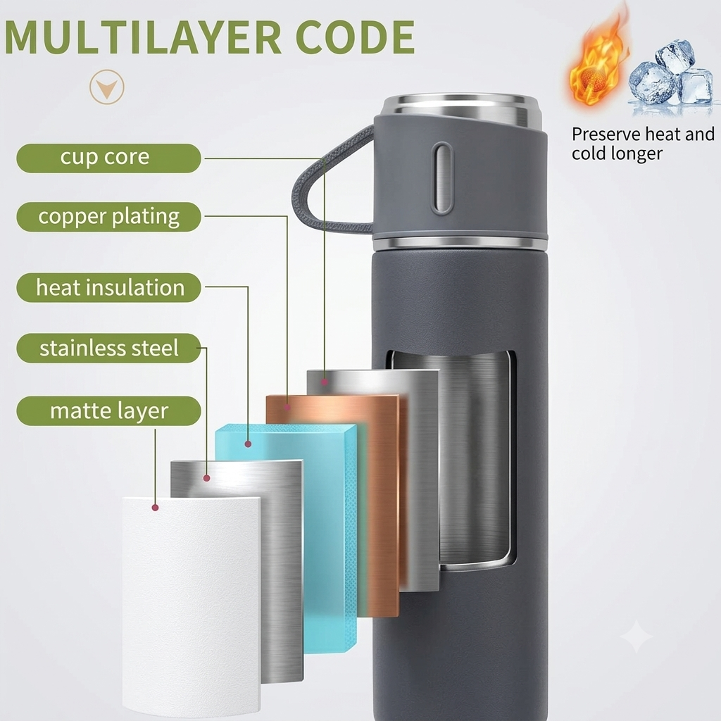 Stainless Steel Insulated Flask with Cups (Multi-colour)