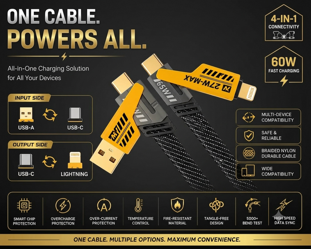 4-in-1 Fast Charging Cable | USB to Type-C, USB-A to C, C to C & Cable| 60W PD Data Cable C Type| 1.5m Multi Device Charger