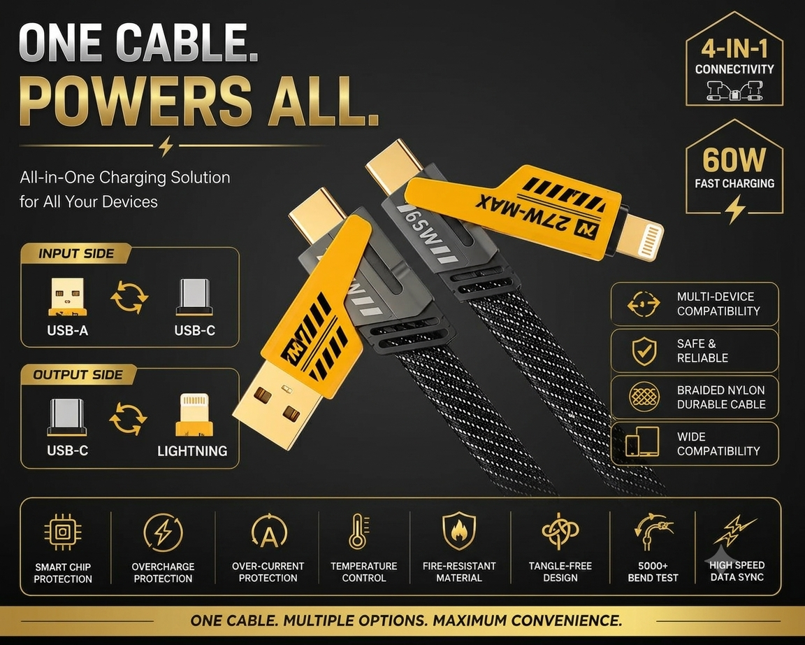 4-in-1 Fast Charging Cable | USB to Type-C, USB-A to C, C to C & Cable| 60W PD Data Cable C Type| 1.5m Multi Device Charger