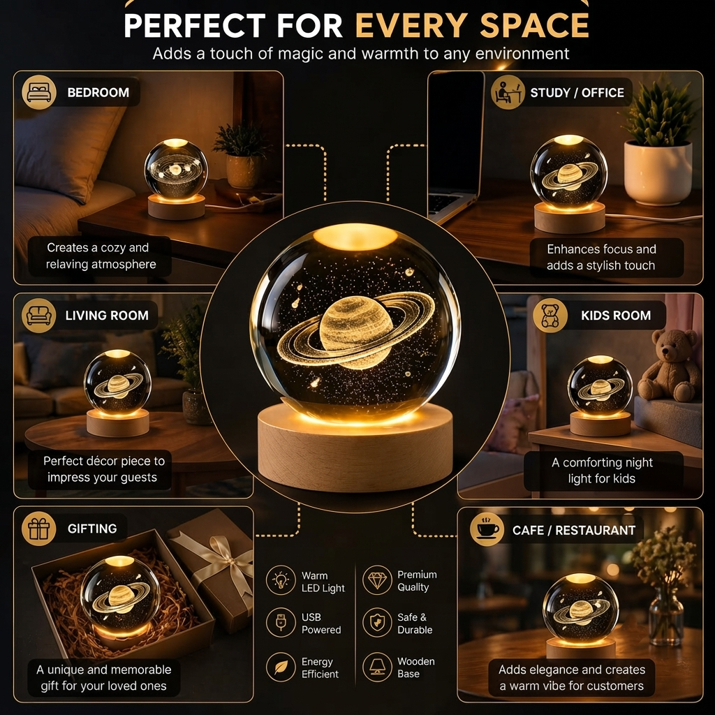 Saturn Crystal Ball LED Night Lamp 3D