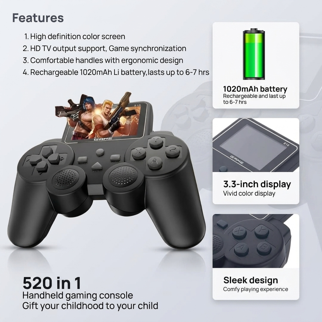 DXP S10 Handheld Gaming Console for Kids & Adults | 520 Built-in Classic Games | Retro Video Game Player | Portable Rechargeable Mini Game Box with TV Output | Toy Gift for Boys & Girls 6–14 Years