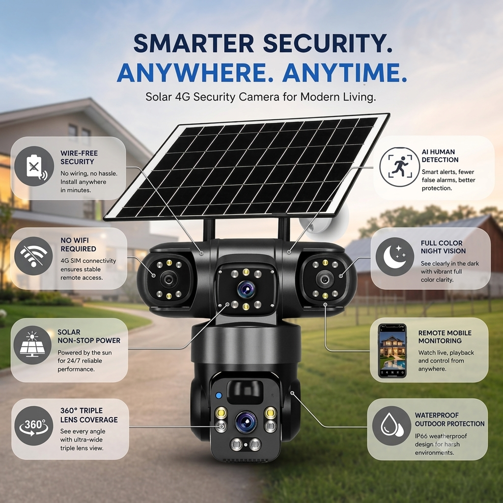Solar Powered 4G SIM Outdoor Security Camera – Triple Lens