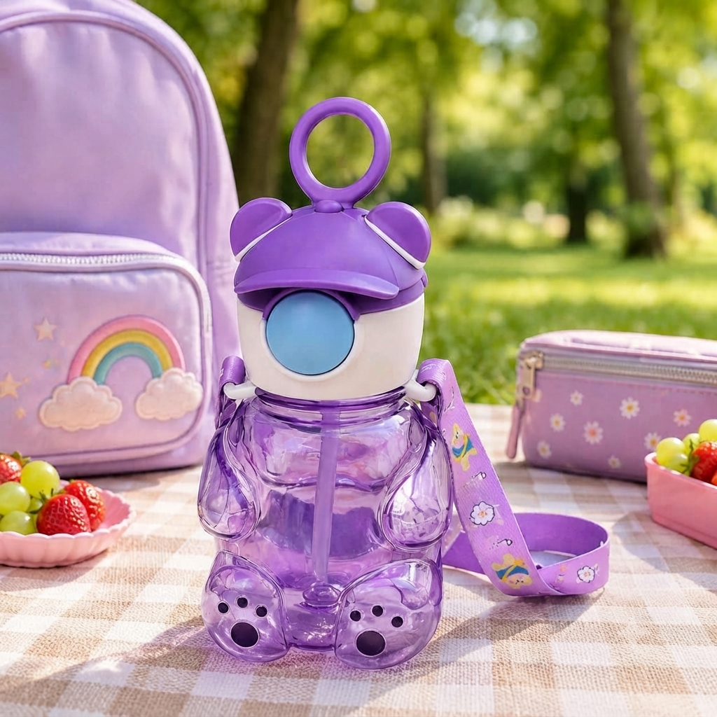 Cute Teddy Bear Water Bottle with Straw & Shoulder Strap