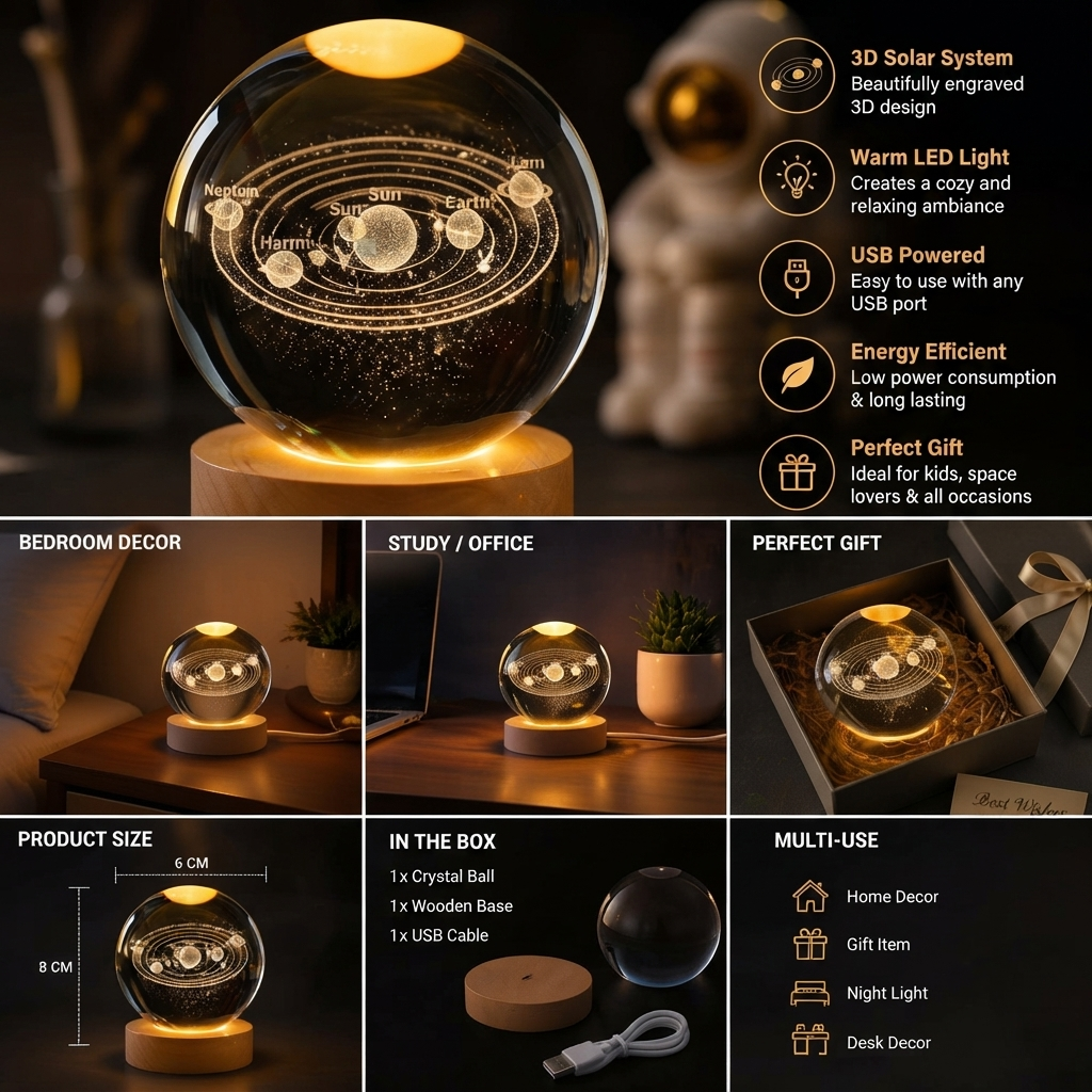 Saturn Crystal Ball LED Night Lamp 3D