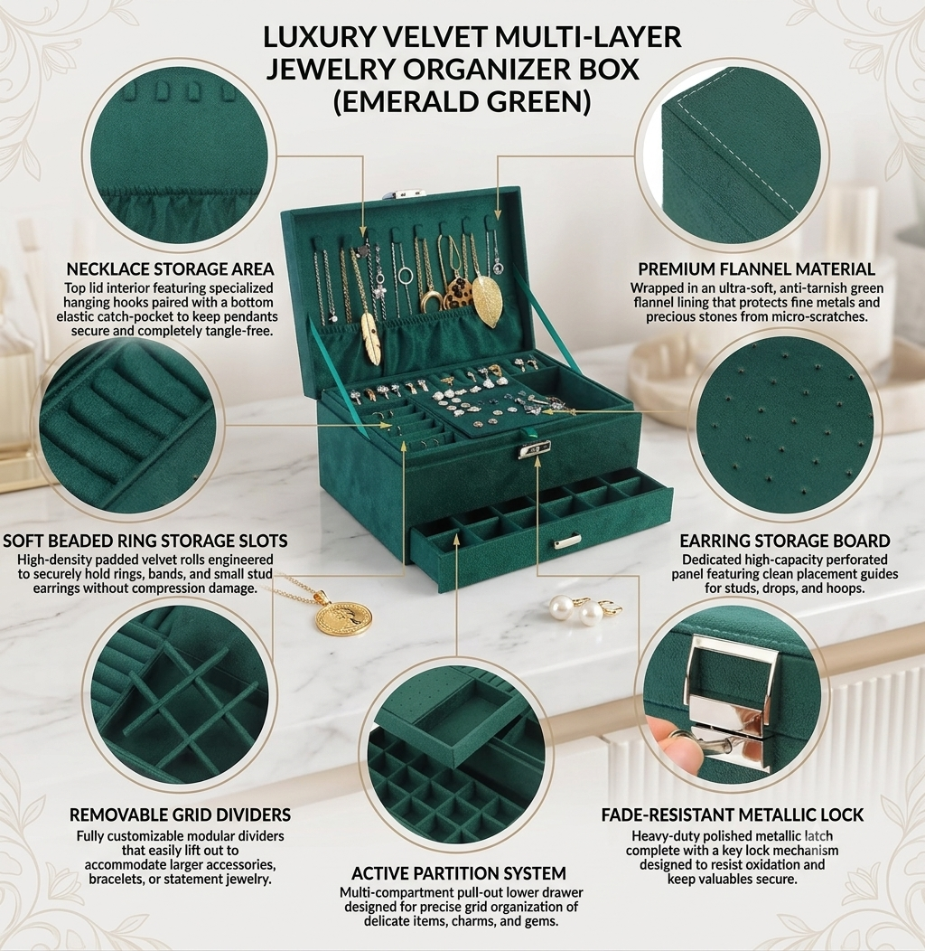 Velvet 3-Layer Jewellery Organizer Box with Lock – Green