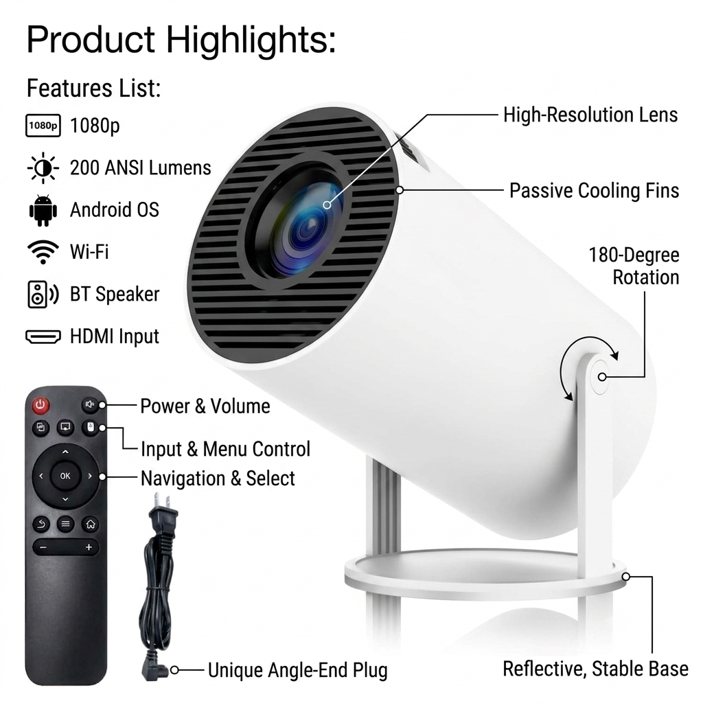 Portable 4K Mini Projector – WiFi, Bluetooth & 180° Rotation