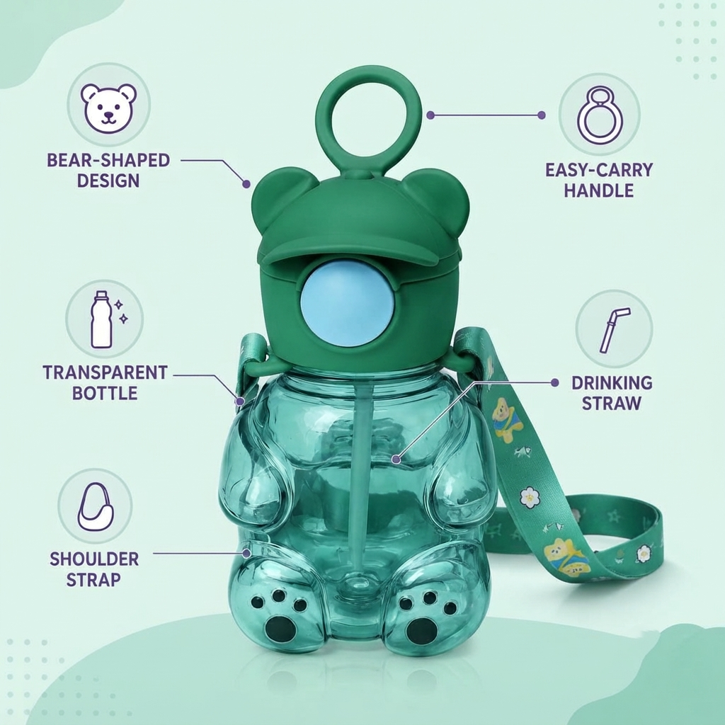 Cute Teddy Bear Water Bottle with Straw & Shoulder Strap