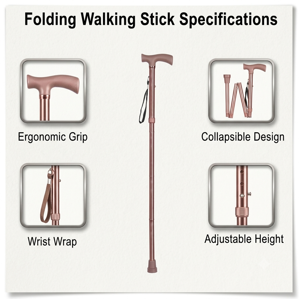 MCP Aluminum 4 Fold Walking Stick Height Adjustable