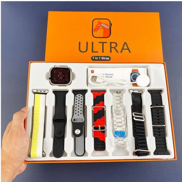 HLSTRIKES 7 in 1 combo ultra Smartwatch T800 Silver Smartwatch (Multicolor Strap, Free Size)